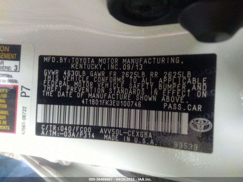 2014 TOYOTA CAMRY HYBRID LE/XLE/SE LIMITED EDITION - 4T1BD1FK3EU100746