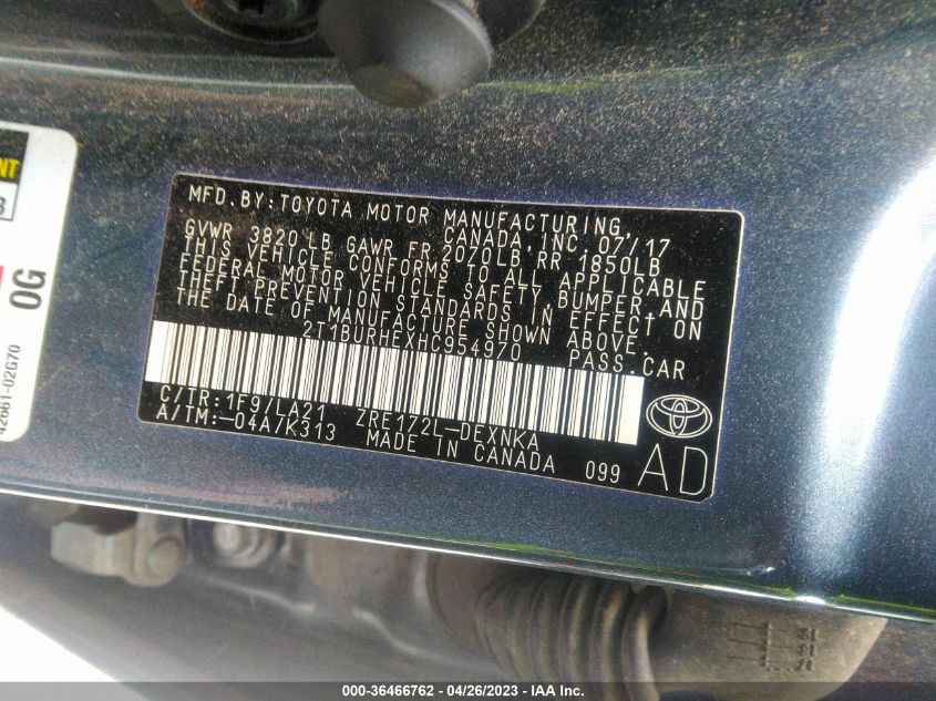 2017 TOYOTA COROLLA XLE - 2T1BURHEXHC954970