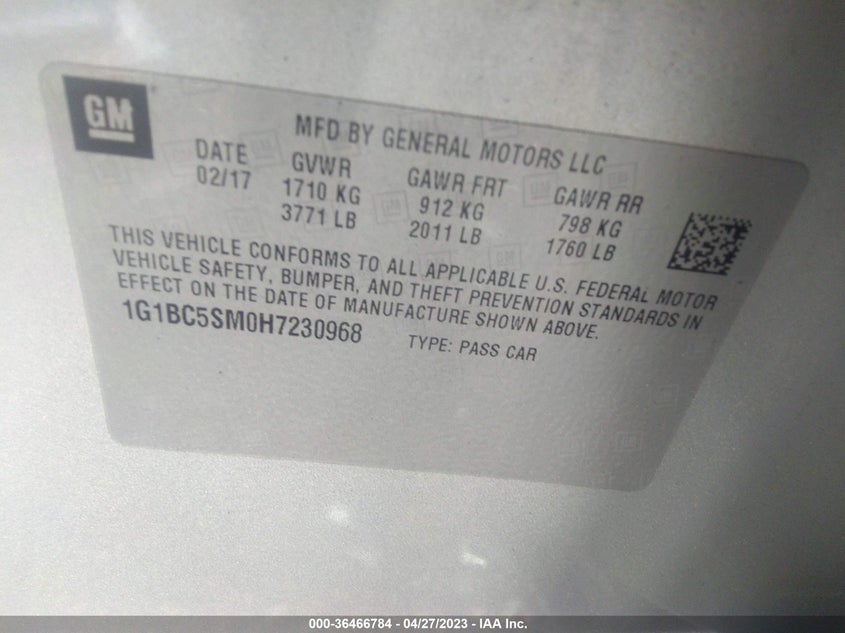 VIN 1G1BC5SM0H7230968 2017 CHEVROLET CRUZE LS