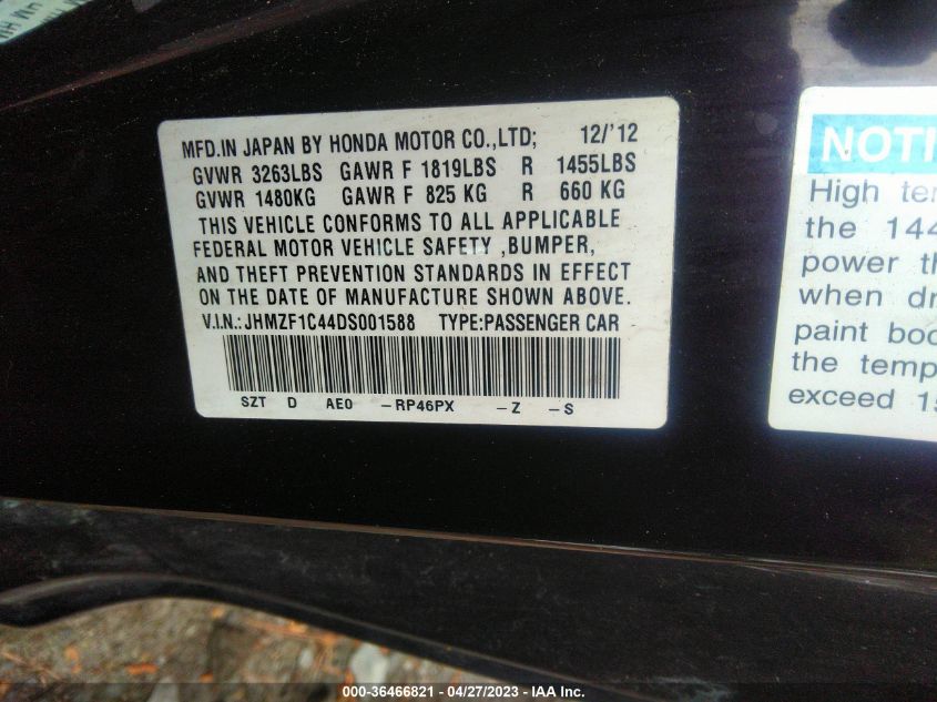 2013 HONDA CR-Z - JHMZF1C44DS001588