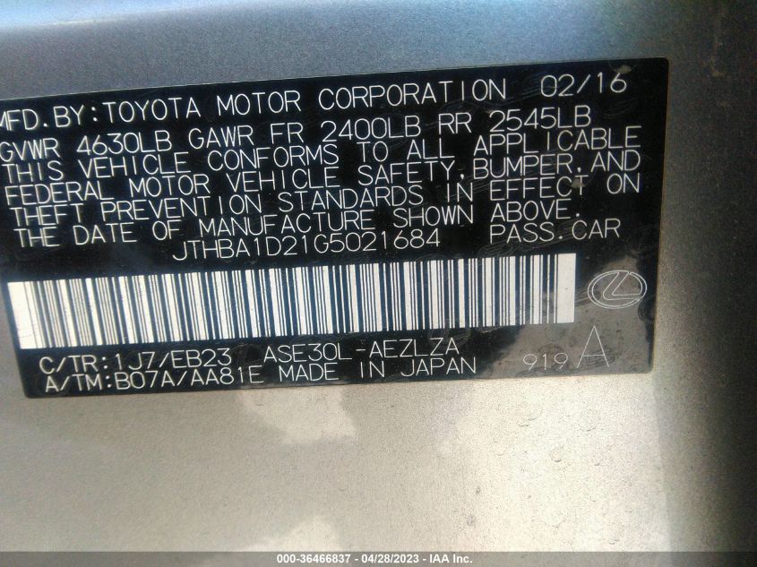 2016 LEXUS IS 200T - JTHBA1D21G5021684