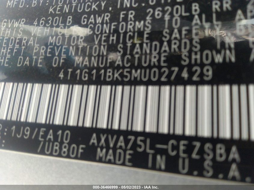 2021 TOYOTA CAMRY SE - 4T1G11BK5MU027429