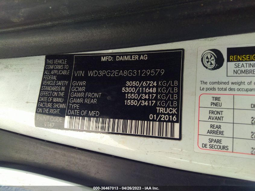 2016 MERCEDES-BENZ METRIS CARGO VAN WD3PG2EA8G3129579