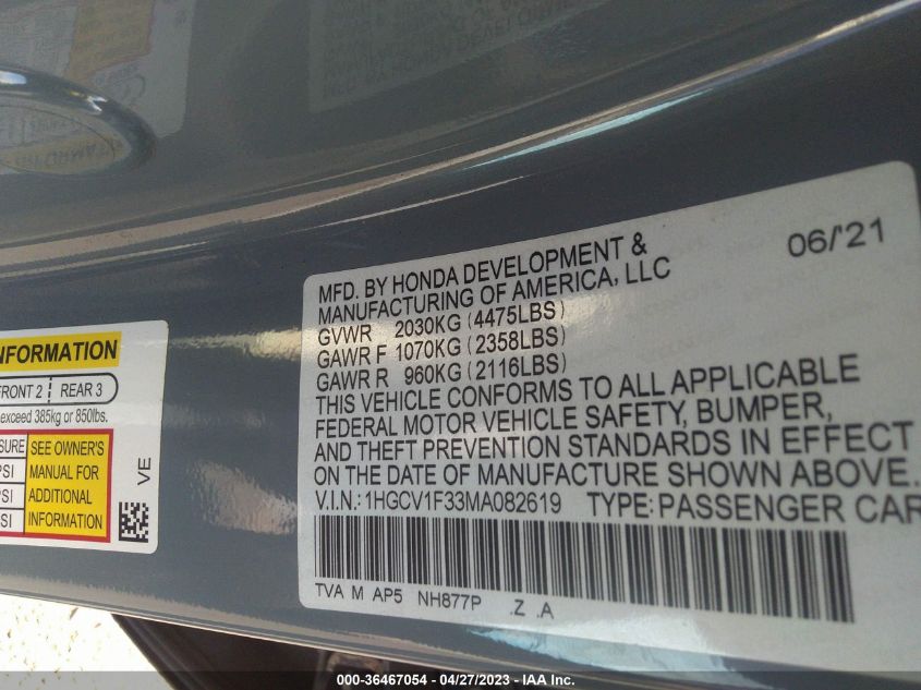 2021 HONDA ACCORD SEDAN SPORT - 1HGCV1F33MA082619