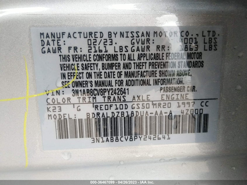 VIN 3N1AB8CV8PY242641 2023 NISSAN SENTRA SV
