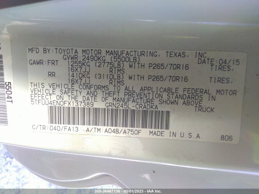 2015 TOYOTA TACOMA - 5TFUU4EN0FX137389