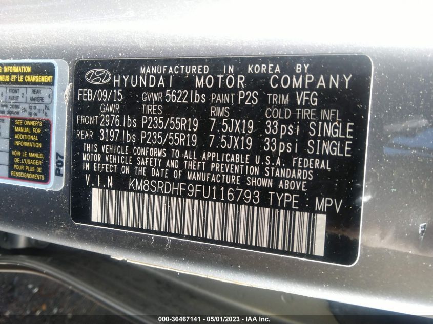 2015 HYUNDAI SANTA FE LIMITED - KM8SRDHF9FU116793