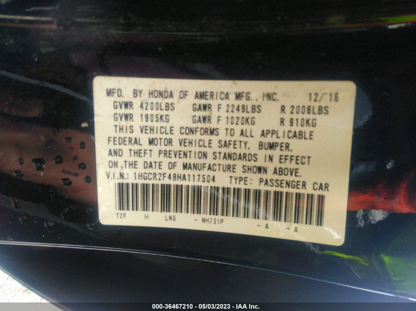 2017 HONDA ACCORD SEDAN LX - 1HGCR2F48HA117504