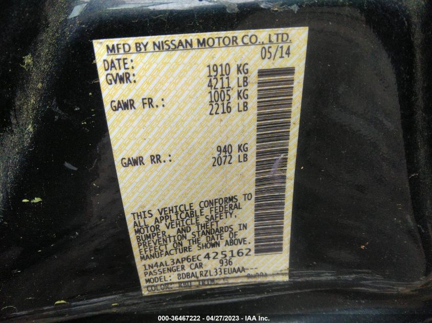 2014 NISSAN ALTIMA 2.5 - 1N4AL3AP6EC425162