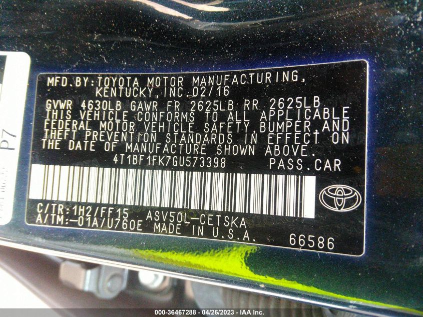 2016 TOYOTA CAMRY XLE/SE/LE/XSE - 4T1BF1FK7GU573398