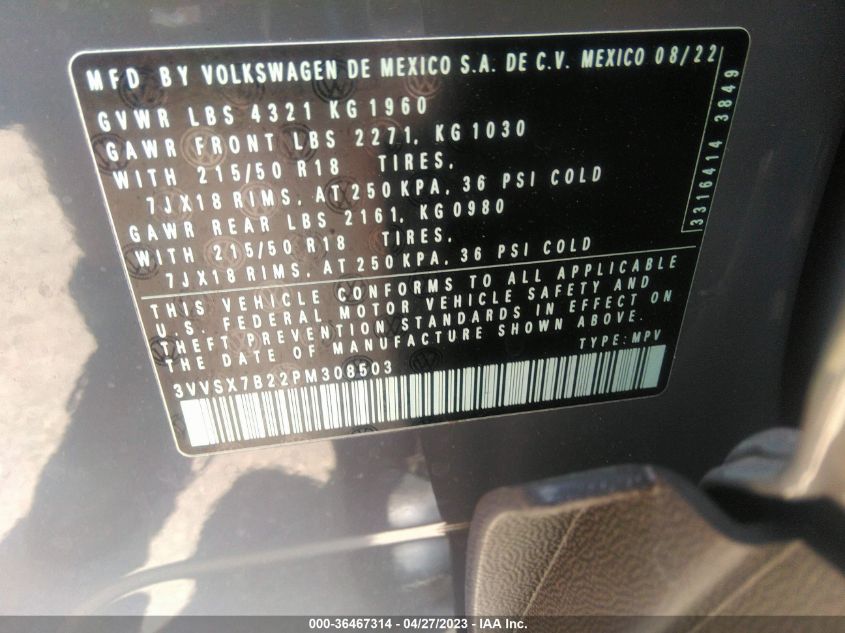 2023 VOLKSWAGEN TAOS SE - 3VVSX7B22PM308503