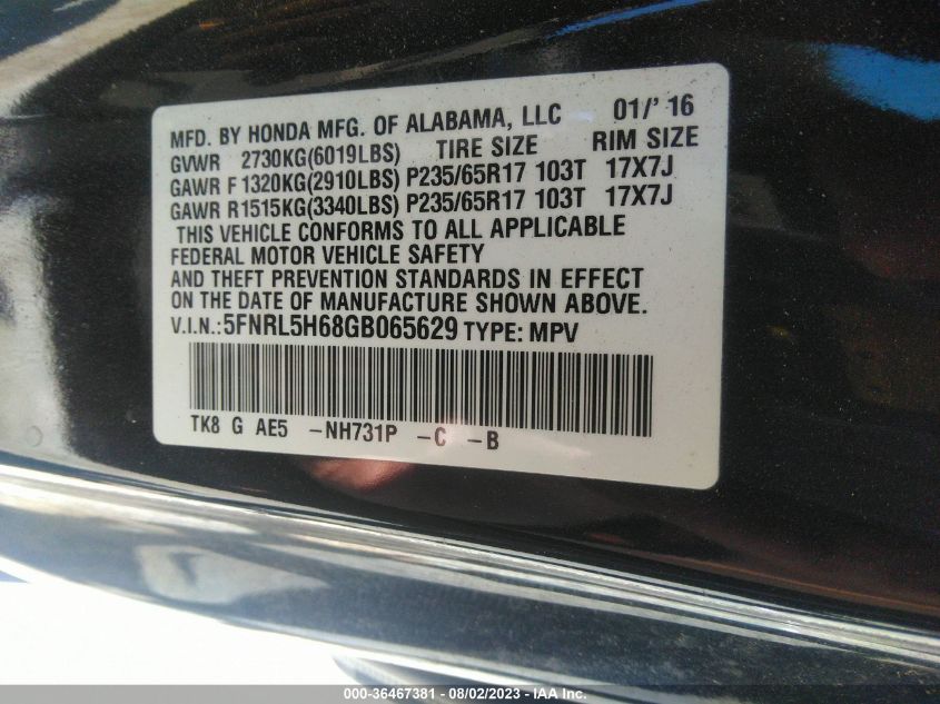 2016 HONDA ODYSSEY EX-L - 5FNRL5H68GB065629