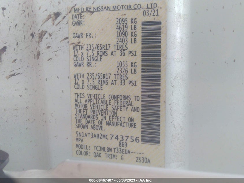 VIN 5N1AT3AB2MC743756 2021 NISSAN ROGUE S