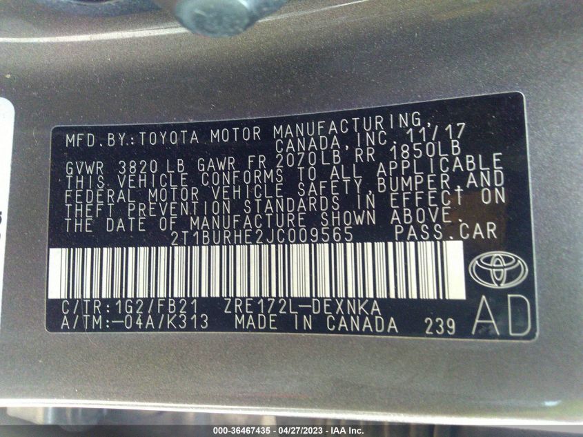 2018 TOYOTA COROLLA L/LE/XLE/SE/XSE - 2T1BURHE2JC009565