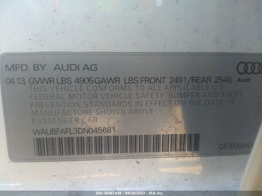 2013 AUDI A4 PREMIUM - WAUBFAFL3DN045681