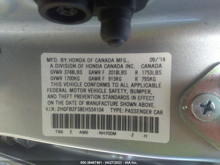 2014 HONDA CIVIC SEDAN LX - 2HGFB2F58EH554104
