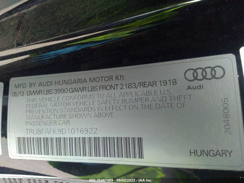 2013 AUDI TT 2.0T PREMIUM PLUS TRUBFAFK9D1016922