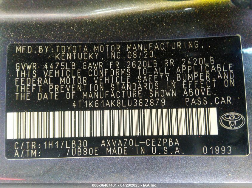 2020 TOYOTA CAMRY XSE - 4T1K61AK8LU382879