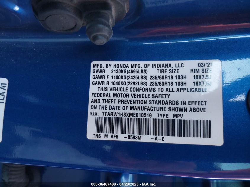 2021 HONDA CR-V EX-L - 7FARW1H8XME010519