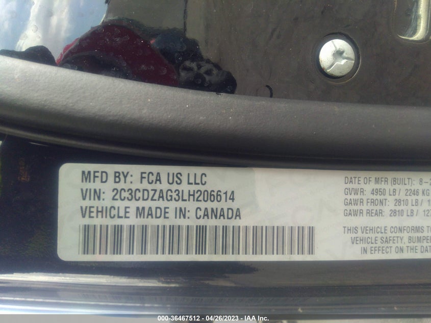 VIN 2C3CDZAG3LH206614 2020 DODGE CHALLENGER SXT