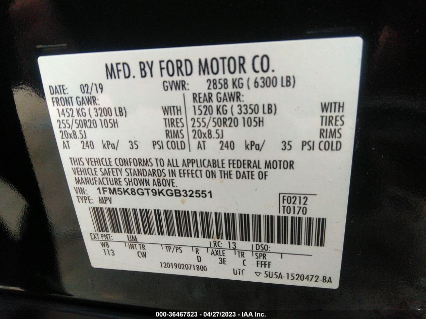 2019 FORD EXPLORER SPORT - 1FM5K8GT9KGB32551