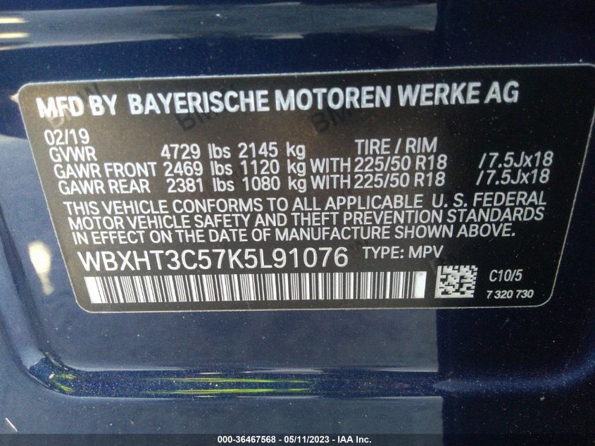 2019 BMW X1 XDRIVE28I - WBXHT3C57K5L91076