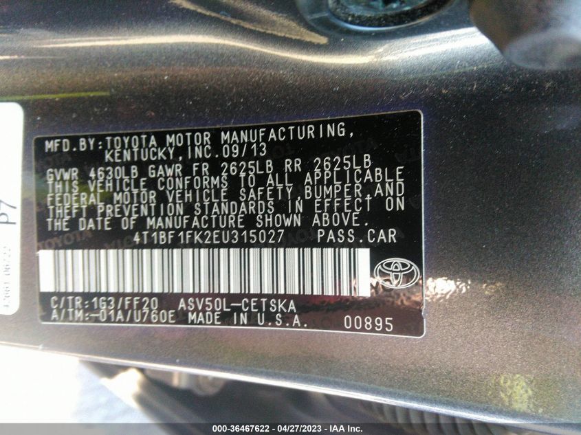 2014 TOYOTA CAMRY L/LE/XLE/SE/SE SPORT - 4T1BF1FK2EU315027