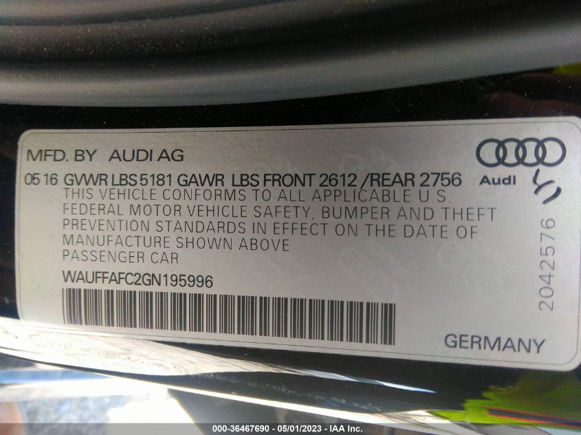 2016 AUDI A6 2.0T PREMIUM - WAUFFAFC2GN195996