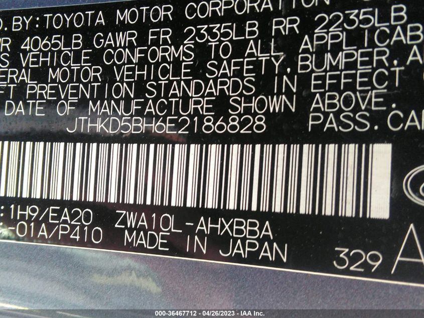2014 LEXUS CT 200H HYBRID - JTHKD5BH6E2186828