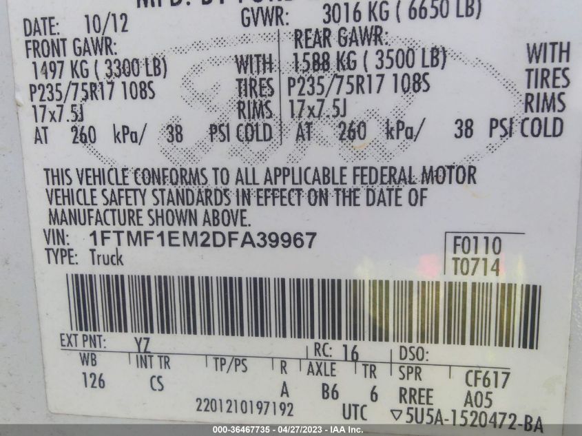 2013 FORD F-150 XL/STX/XLT - 1FTMF1EM2DFA39967