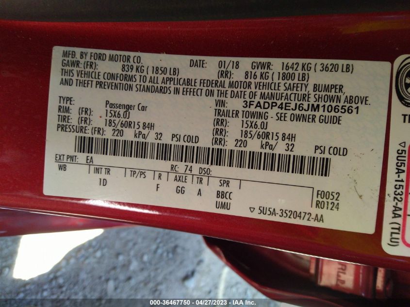 2018 FORD FIESTA SE - 3FADP4EJ6JM106561