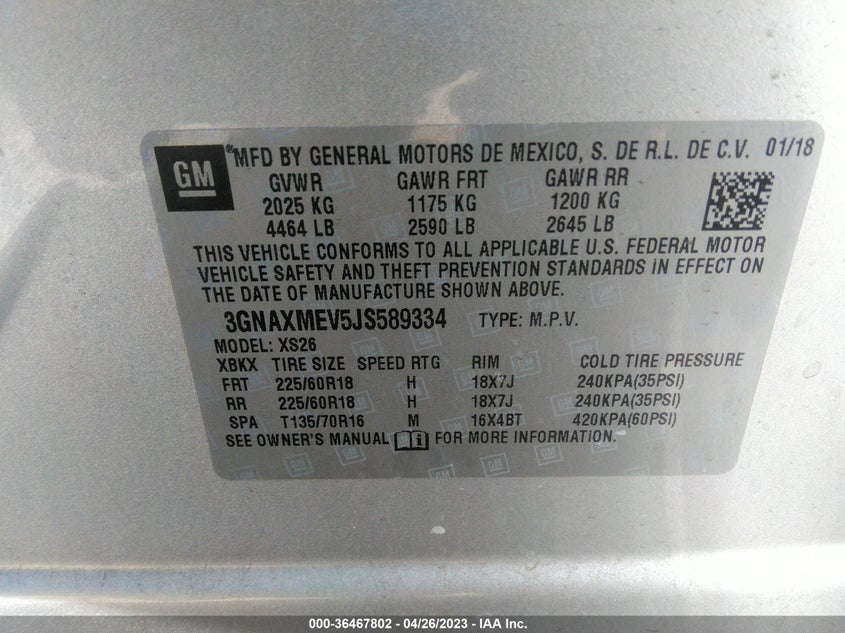 VIN 3GNAXMEV5JS589334 2018 CHEVROLET EQUINOX PREMIER