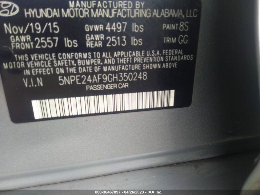 2016 HYUNDAI SONATA 2.4L SE - 5NPE24AF9GH350248