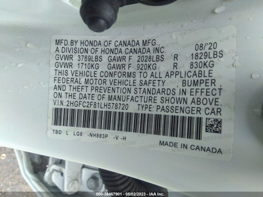 2020 HONDA CIVIC SEDAN SPORT - 2HGFC2F81LH578720