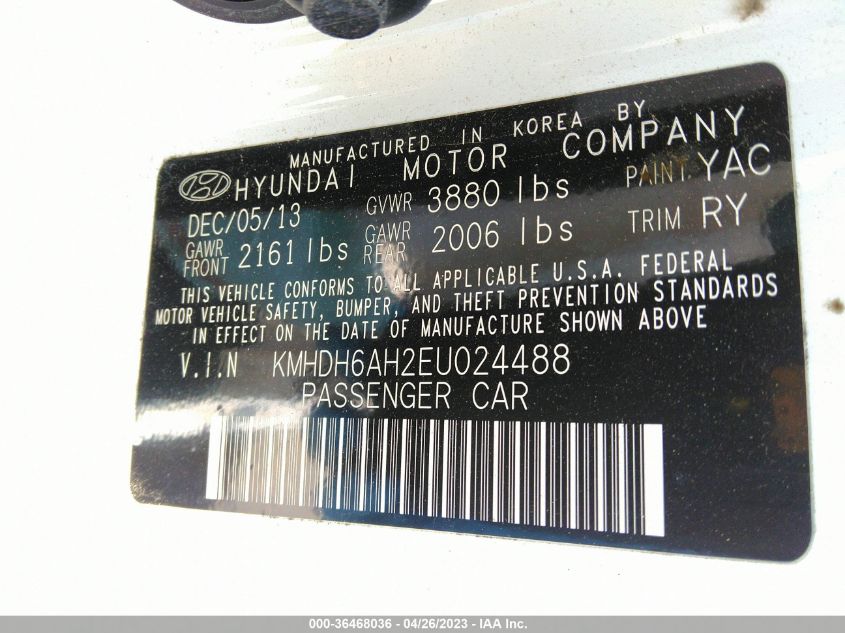 2014 HYUNDAI ELANTRA COUPE KMHDH6AH2EU024488