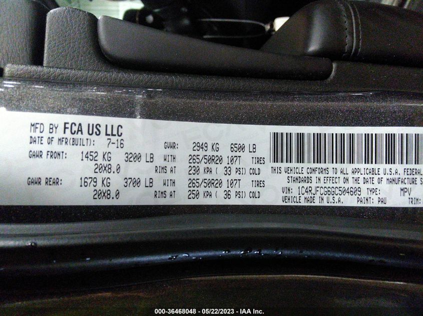 2016 JEEP GRAND CHEROKEE HIGH ALTITUDE - 1C4RJFCG6GC504609
