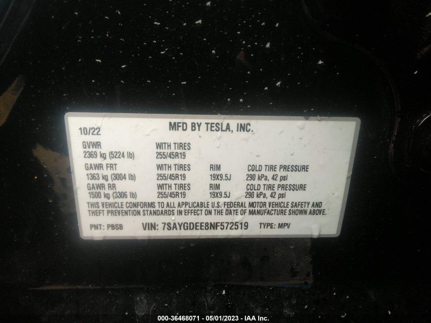 2022 TESLA MODEL Y LONG RANGE - 7SAYGDEE8NF572519