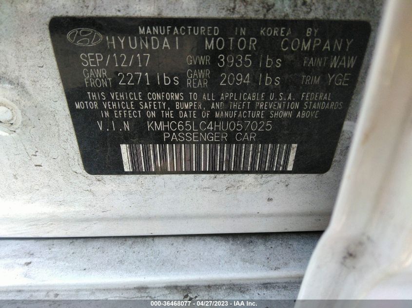 2017 HYUNDAI IONIQ HYBRID BLUE - KMHC65LC4HU057025