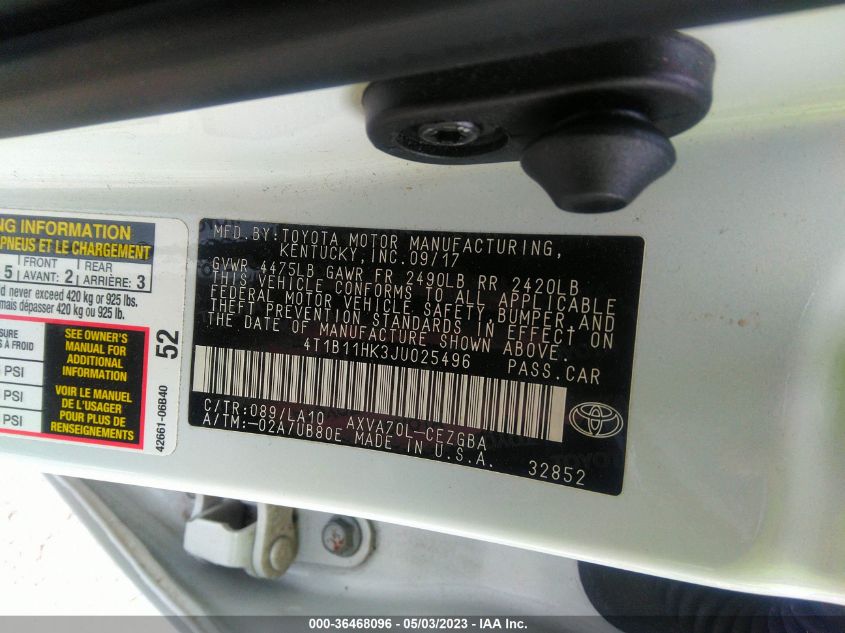 2018 TOYOTA CAMRY LE/SE/XLE/L - 4T1B11HK3JU025496