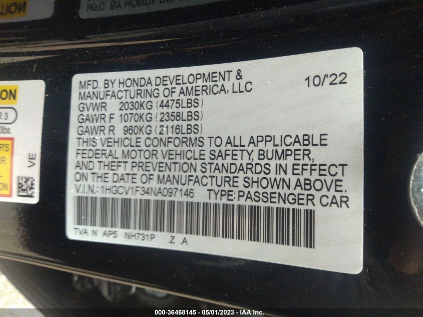 2022 HONDA ACCORD SEDAN SPORT - 1HGCV1F34NA097146