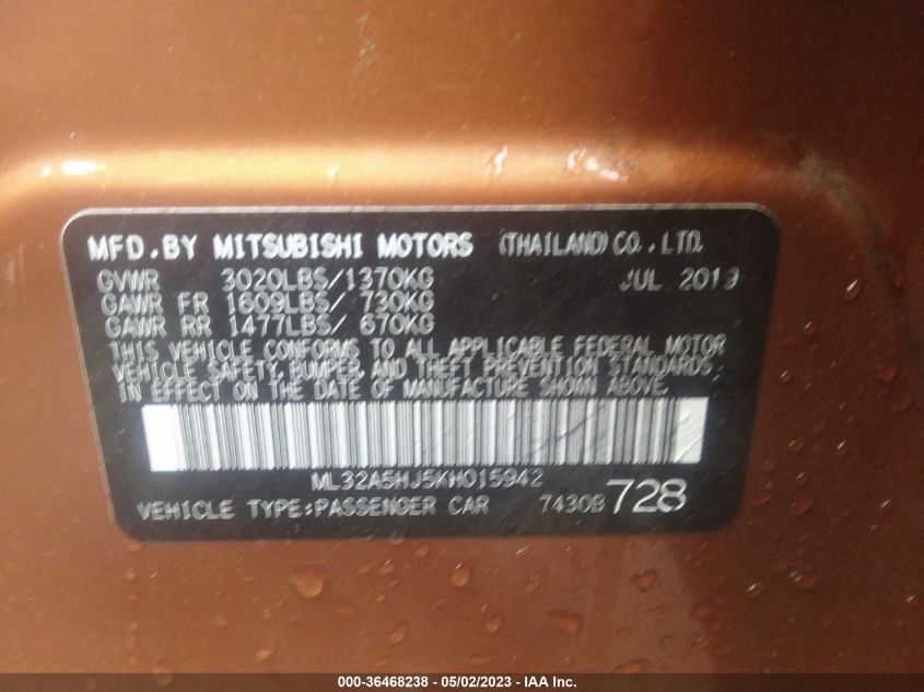 2019 MITSUBISHI MIRAGE GT/LE - ML32A5HJ5KH015942
