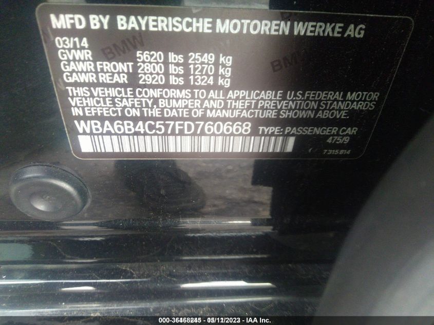 2015 BMW 650I GRAN COUPE XDRIVE WBA6B4C57FD760668