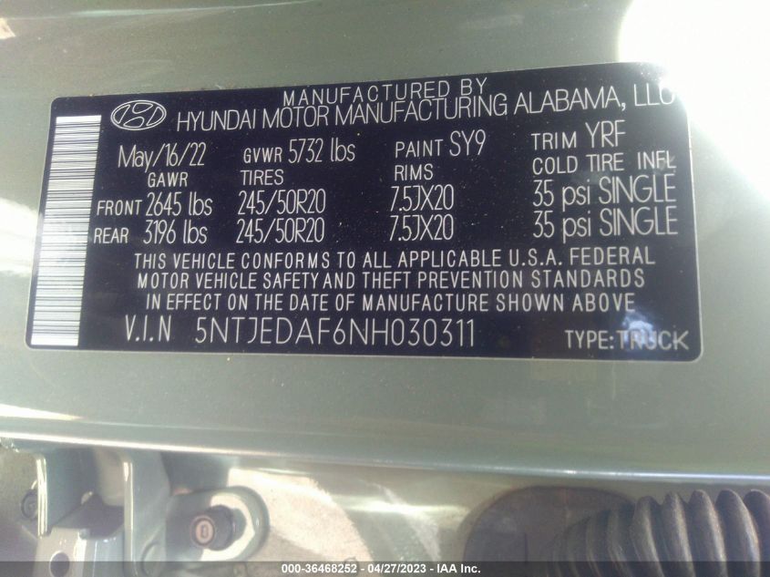 2022 HYUNDAI SANTA CRUZ LIMITED 5NTJEDAF6NH030311