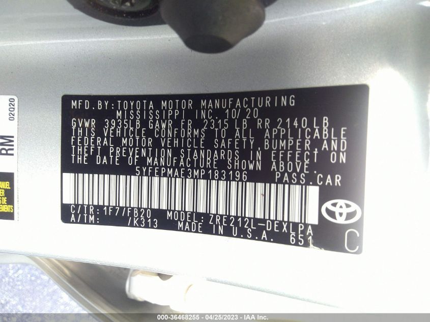 2021 TOYOTA COROLLA LE - 5YFEPMAE3MP183196