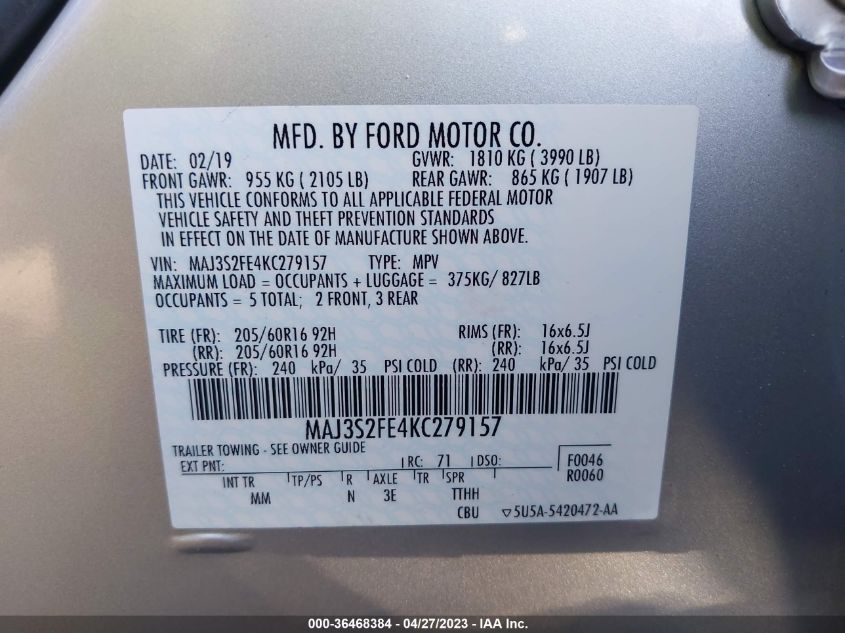 2019 FORD ECOSPORT S - MAJ3S2FE4KC279157