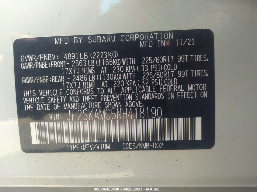 VIN JF2SKAMC5NH418190 2022 SUBARU FORESTER WILDERNESS