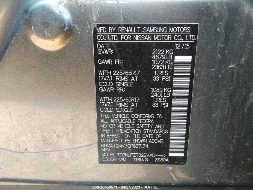 2016 NISSAN ROGUE S - KNMAT2MV7GP637174