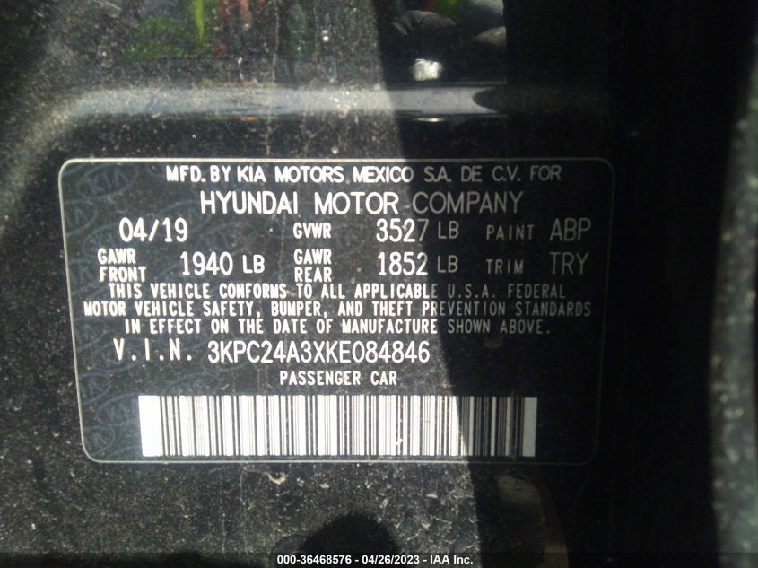 VIN 3KPC24A3XKE084846 2019 HYUNDAI ACCENT SE