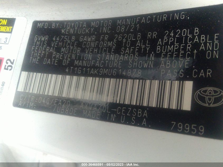 2021 TOYOTA CAMRY SE - 4T1G11AK9MU614878