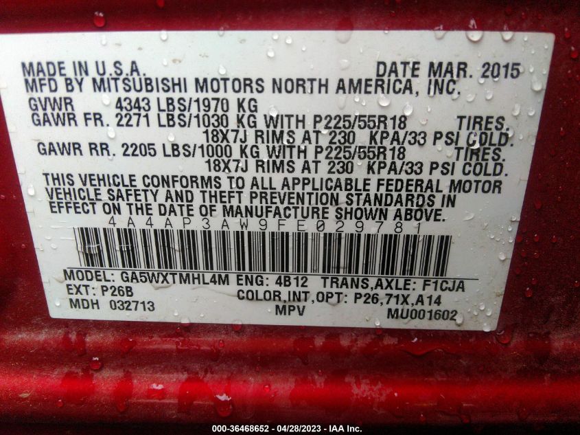 2015 MITSUBISHI OUTLANDER SPORT 2.4 ES - 4A4AP3AW9FE029781